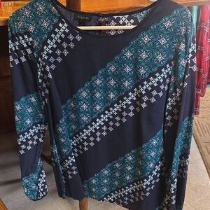 Talbots Teal and Navy Geometric Blouse